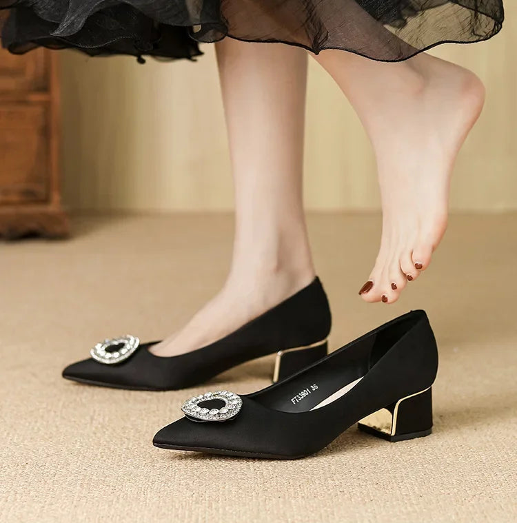 Soft Leather Black Pointed Toe Work Shoes Spring Autumn New Style Comfortable Thick Heel Professional Soft Bottom Shoes