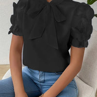 Blouses for Women Trendy Round Neck Mesh Patchwork Short Sleeve Blouse with Neck Tie Short Sleeve Tops T-shirts