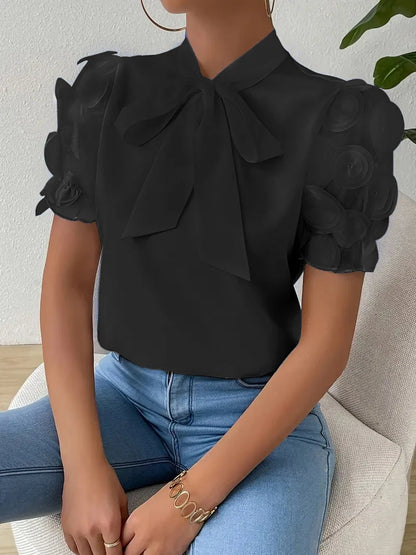 Blouses for Women Trendy Round Neck Mesh Patchwork Short Sleeve Blouse with Neck Tie Short Sleeve Tops T-shirts - Natalia Home Fashion