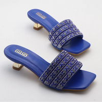 Low Heel Slippers Elegant Lady Square Toe Sandals Luxury Rhinestone High Heels Mules  Slip-on Women Shoes - Natalia Home Fashion