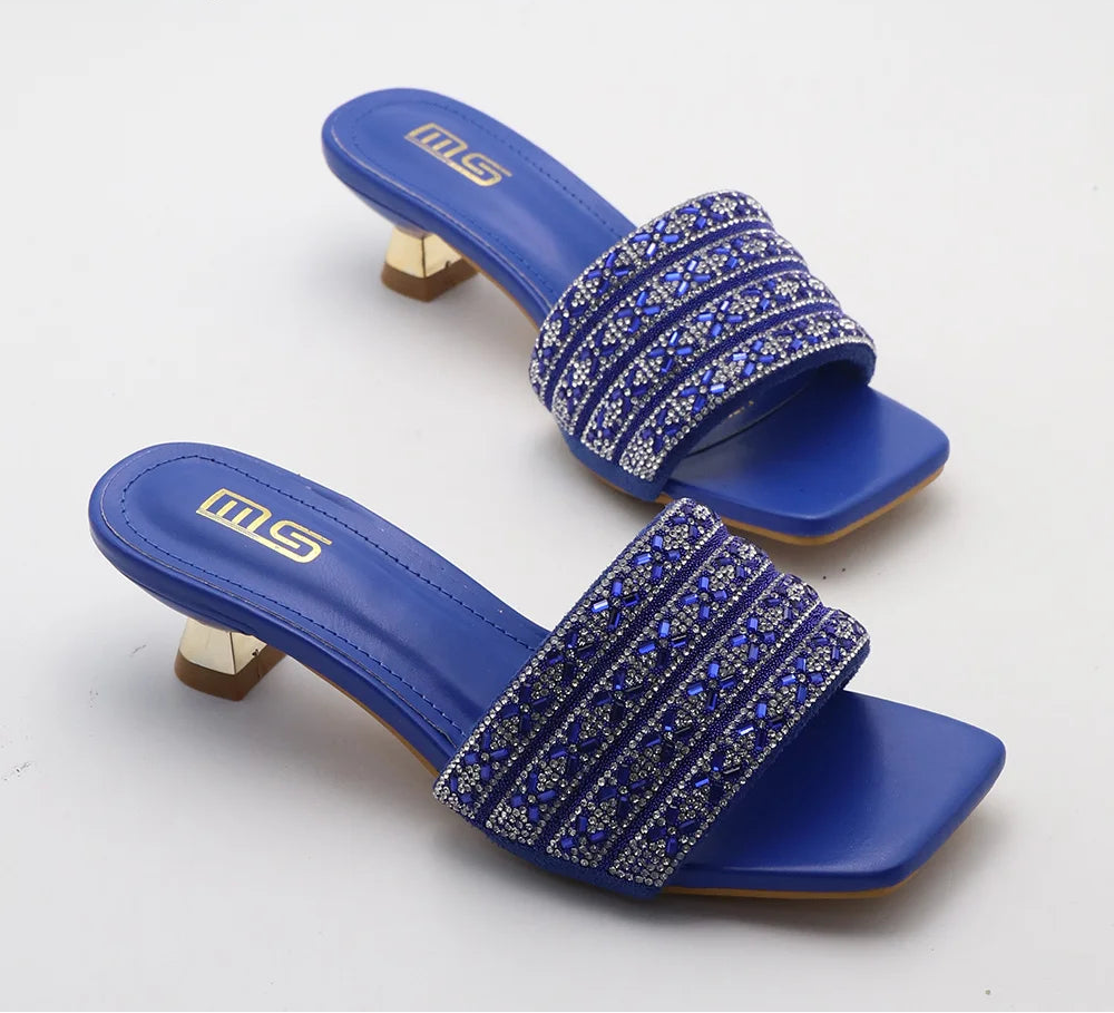 Low Heel Slippers Elegant Lady Square Toe Sandals Luxury Rhinestone High Heels Mules  Slip-on Women Shoes - Natalia Home Fashion