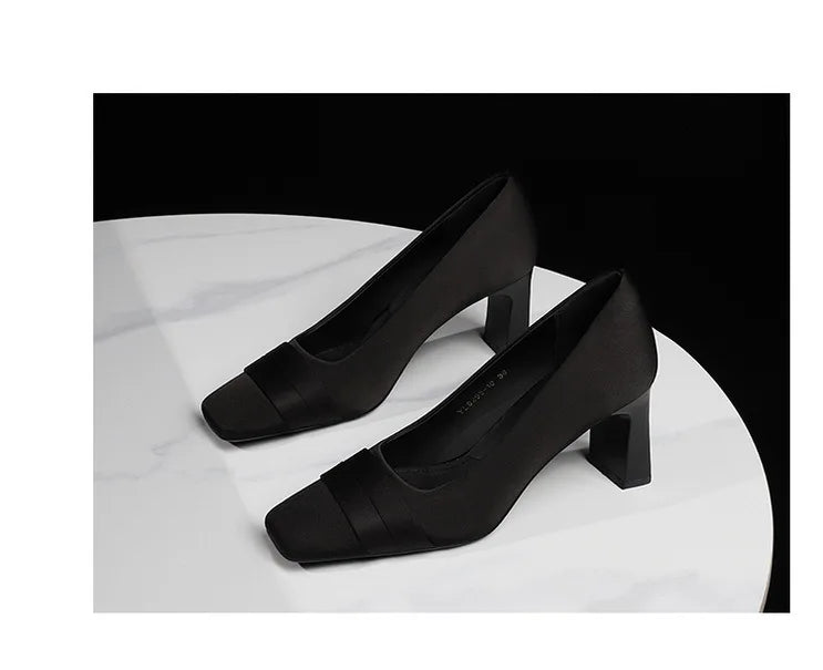 Elegant Satin High Heels Square Toe Slip-On Chunky Heel Comfortable Women's Shoes for Party Fashion Footwear Summer Autumn