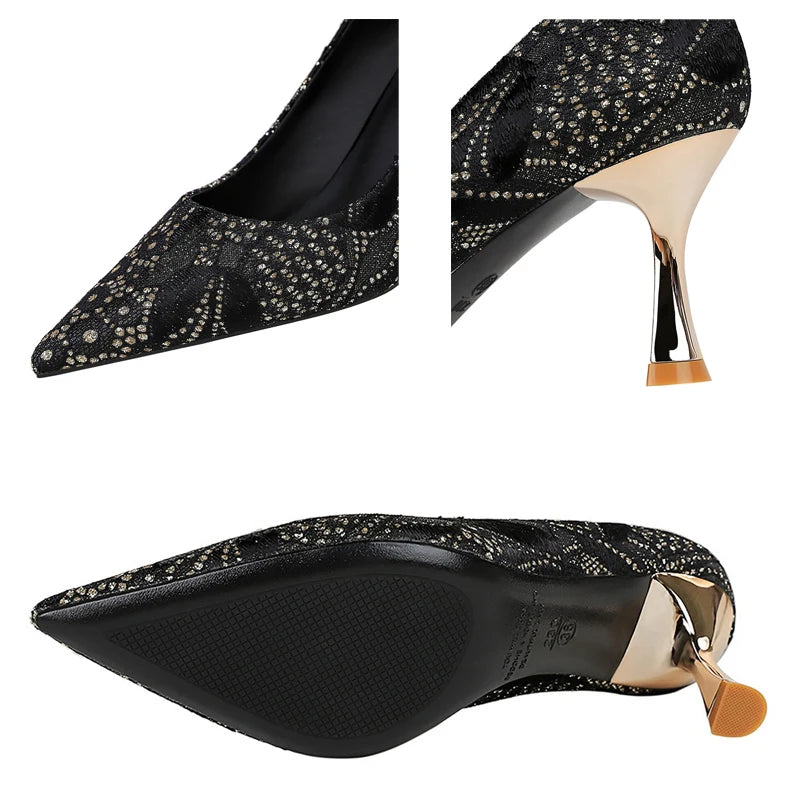Shoes Lace glitter fabric women pumps Design Kitten heels Women shoes Female Occupation Office Shoes