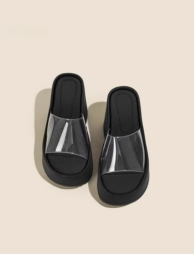 Thick Heel Platform Sandals Women's Summer Casual round Head PVC Material Beach Slippers Transparent Strap Casual Slip-On Shoes
