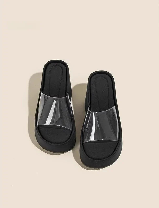 Thick Heel Platform Sandals Women's Summer Casual round Head PVC Material Beach Slippers Transparent Strap Casual Slip-On Shoes
