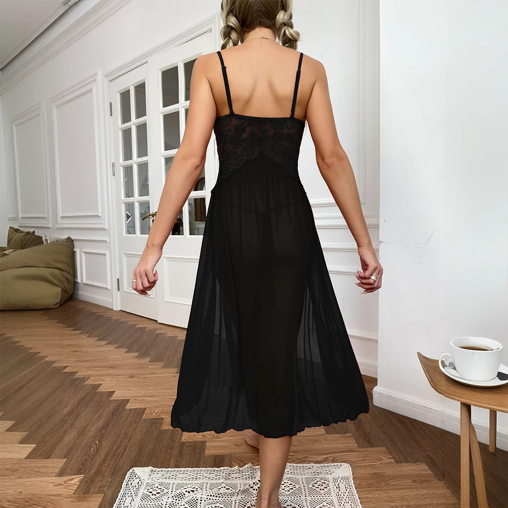 Sexy Lace Solid Women Sleepwear Underwear Mesh Lingerie Deep V Side Slit Sleeveless Female Fashion Robe Dress Nightwear