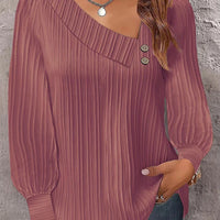 Simple Button V-neck Pullover Women's Solid Long Sleeve Casual T-shirts Elegant Lady Blouses