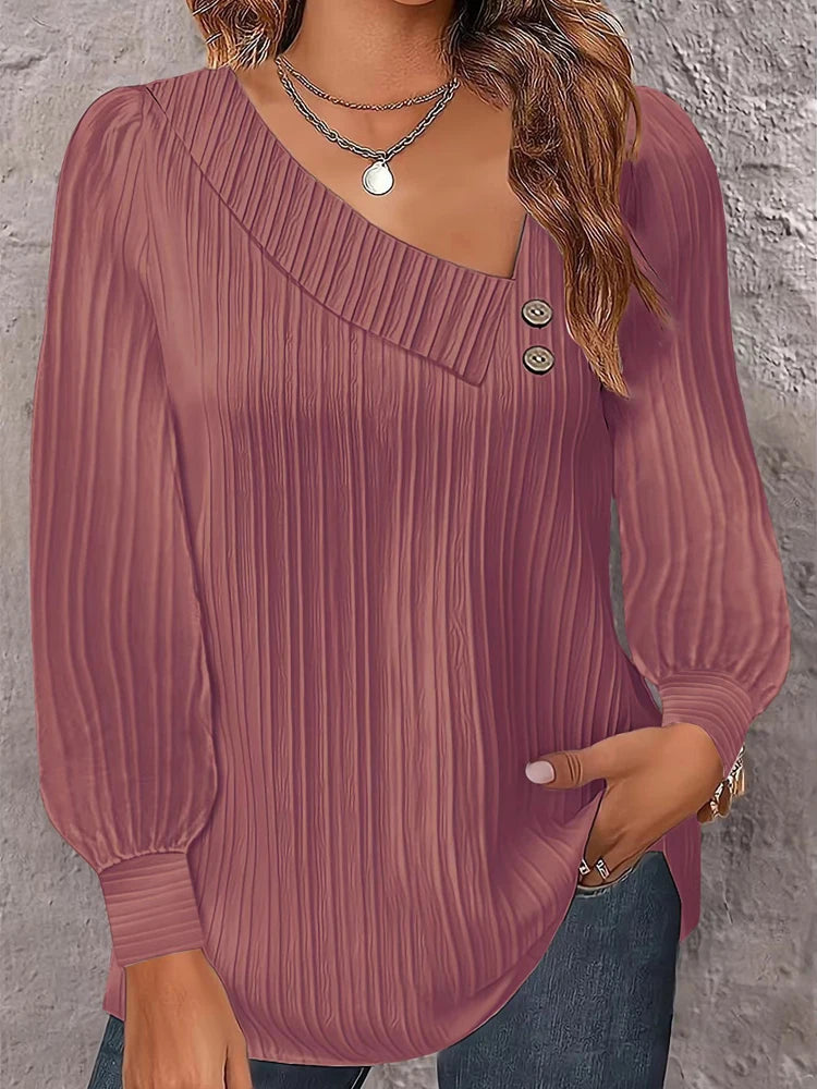 Simple Button V-neck Pullover Women's Solid Long Sleeve Casual T-shirts Elegant Lady Blouses