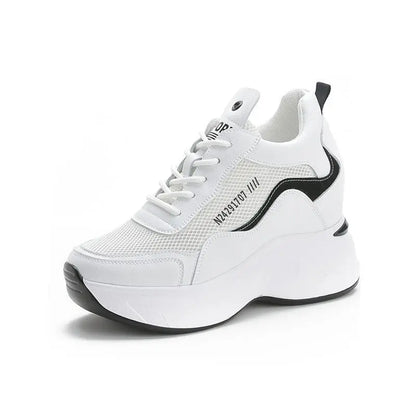 Women's Breathable Mesh Sports Shoes Thick Bottom Casual Flat Platform Sneakers round Toe Mid Heel Cross Buckle