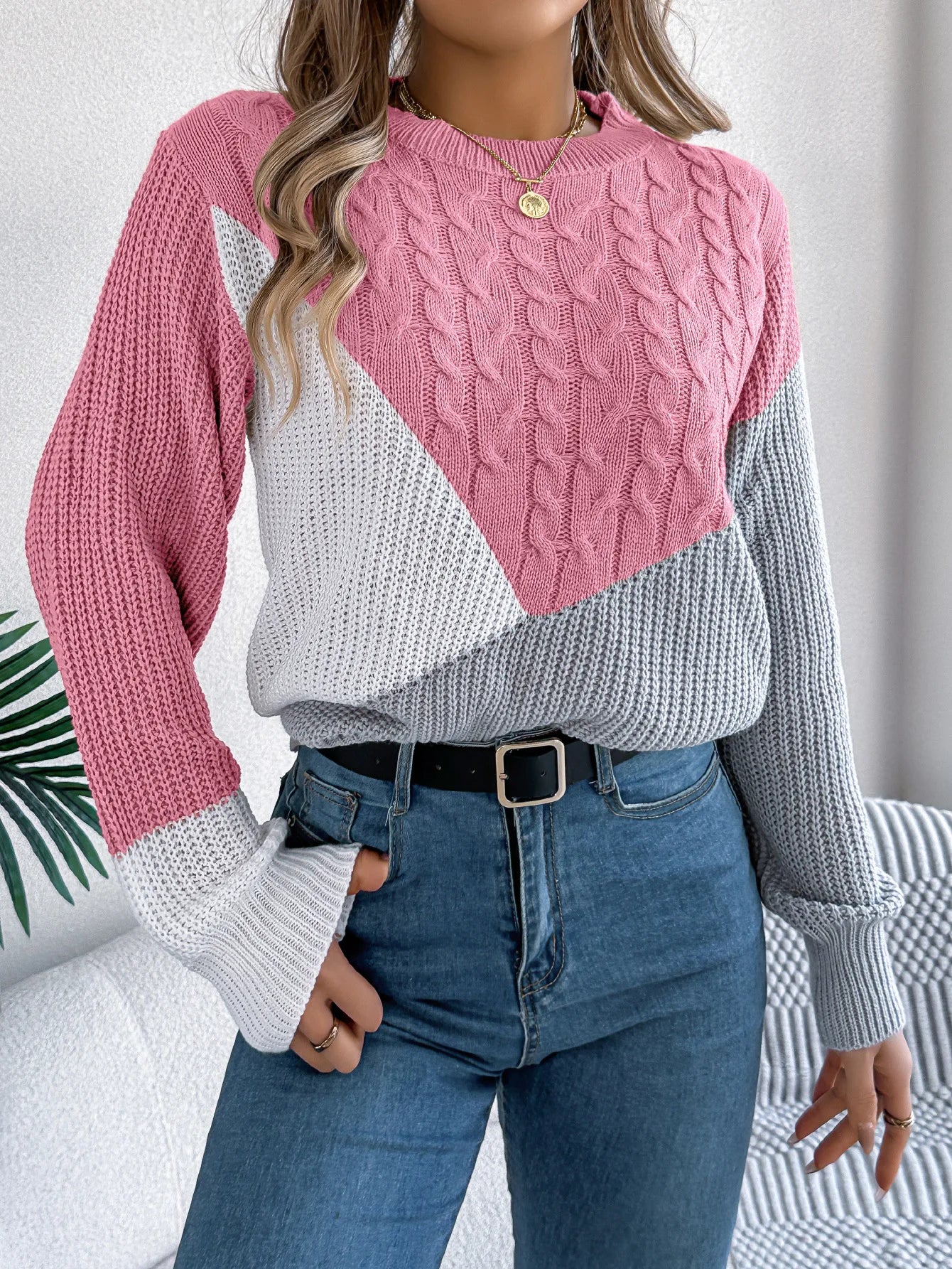 Women's Sweater Tops Sweaters Women Female Woman Clothing Casual Color-Blocked Long-Sleeved Pullover Sweater