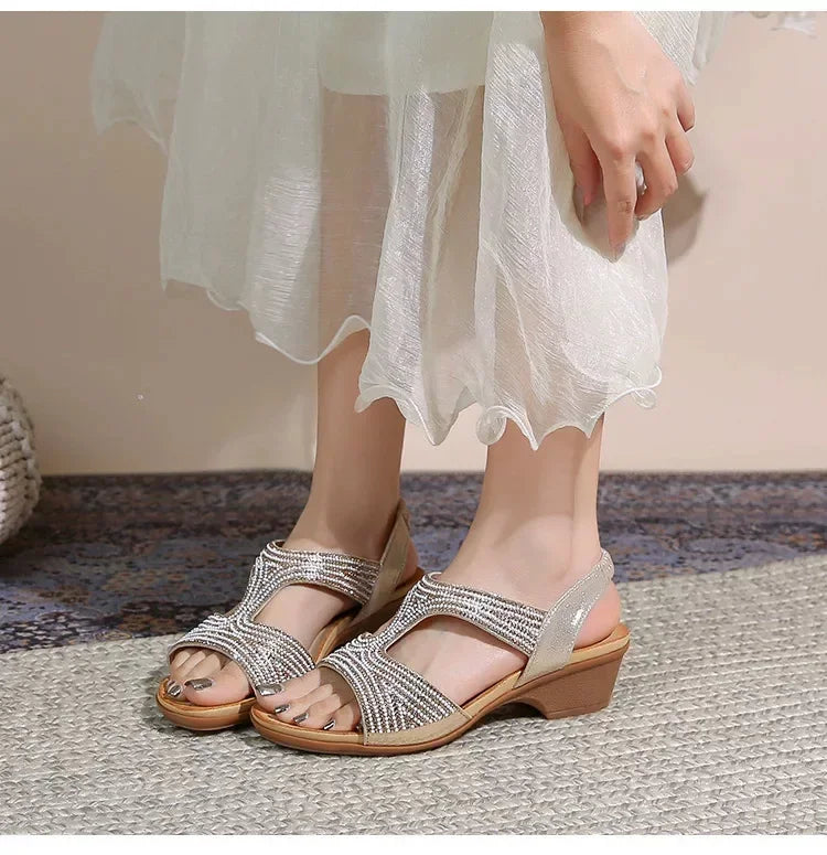 Bohemian Water Diamond Slope Heel Sandals Casual Outdoor Wear Retro Style Synthetic Material Comfortable Commuting Versatile