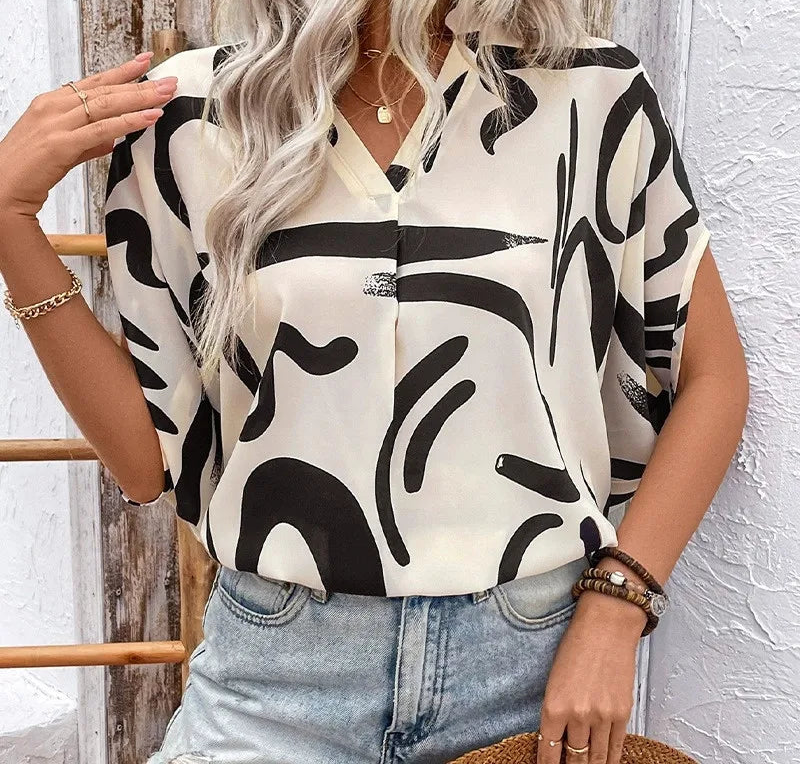 Casual Print Short Sleeve Shirt For Women V Neck Buttons Tops Summer Elegant Office Lady Ruffle Loose Shirt