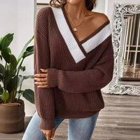 Loose Knitted Sweater V-Neck Color Block Design Women's Overhead Shirt Full Sleeve Polyester Fiber Cross-Border Fashion