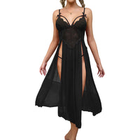 Sexy Lace Solid Women Sleepwear Underwear Mesh Lingerie Deep V Side Slit Sleeveless Female Fashion Robe Dress Nightwear