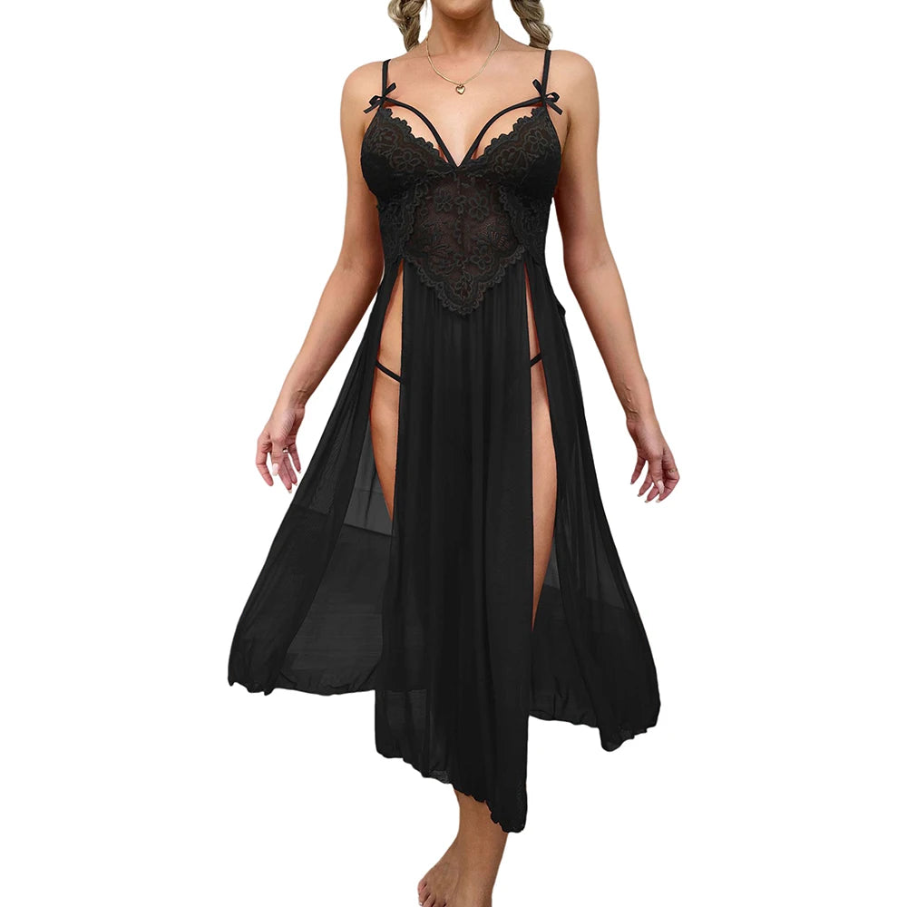 Sexy Lace Solid Women Sleepwear Underwear Mesh Lingerie Deep V Side Slit Sleeveless Female Fashion Robe Dress Nightwear