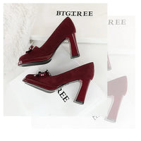 Chunky Block Heels Women Pumps Bow Decoration High Heels Square Headed Platform High Heels Suede Ladies Shoes