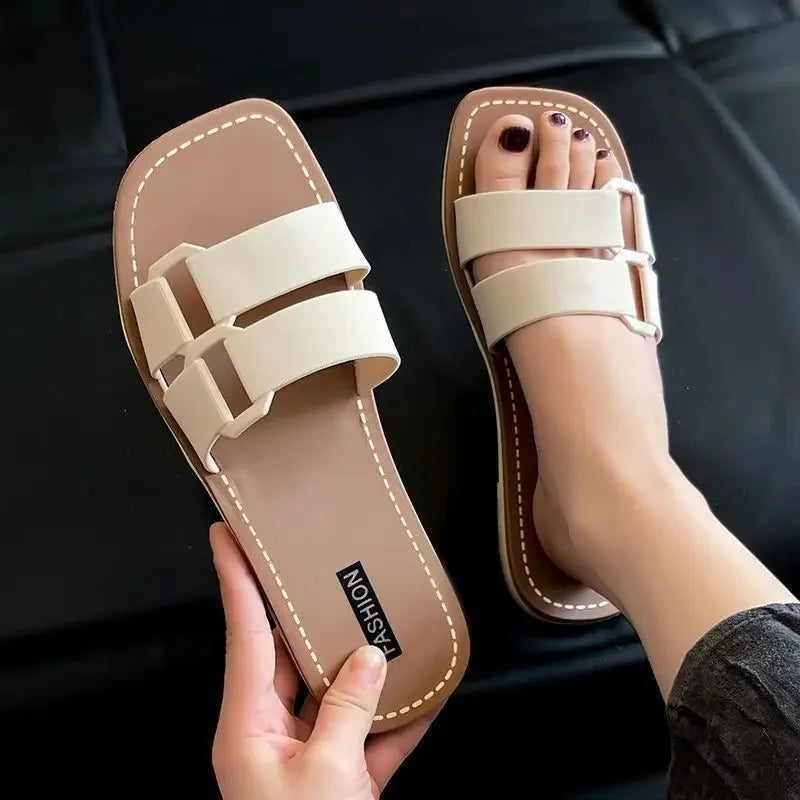 Flat Bottom Sandals Women's Outdoor Beachwear Slip-On Slippers Casual PVC Material Comfortable Flats - Natalia Home Fashion