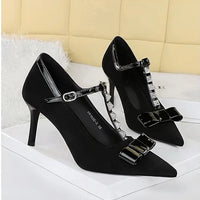 Banquet Bow Rivet T-button Pointed Head High Heel Women's Single Shoes