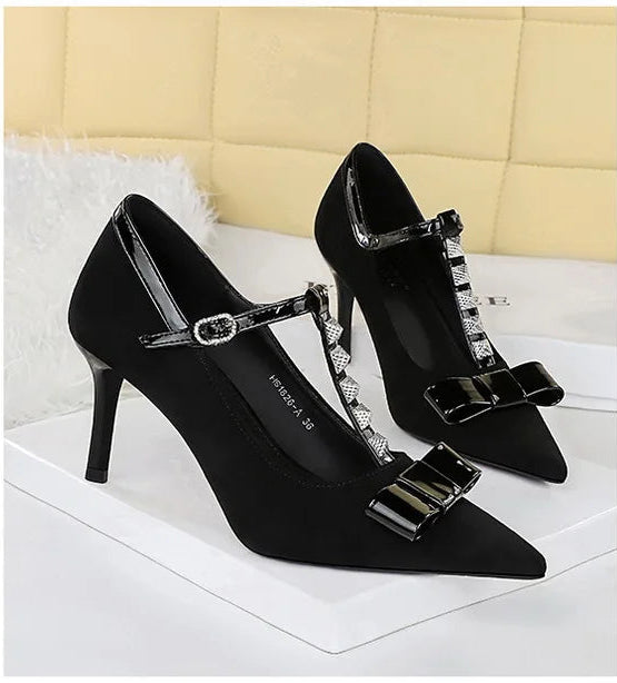 Banquet Bow Rivet T-button Pointed Head High Heel Women's Single Shoes