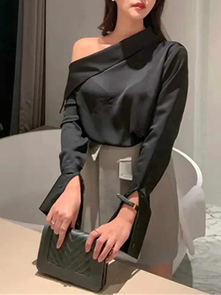 Off Shoulder Elegant Office Women's Shirt Top Fashionable Sexy Women Long Sleeved Chiffon Top