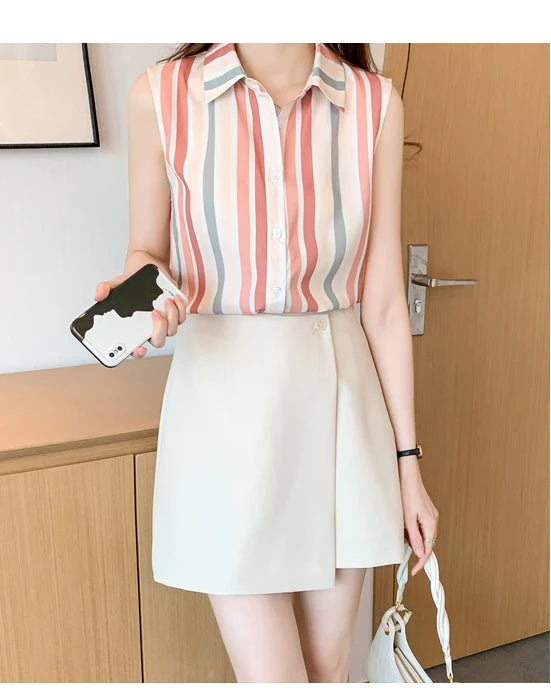 Stripe Women Blouse Casual Shirts Summer Female Clothing Sleeveless  Elegant and Youth Woman Blouses Basic Shirts and Blouses