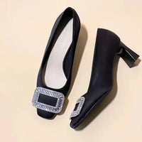 Black Work Shoes Women's Slip-On Chunky Heel Medium Heel Versatile Boat Shoes Square Buckle Rhinestone Single Shoes