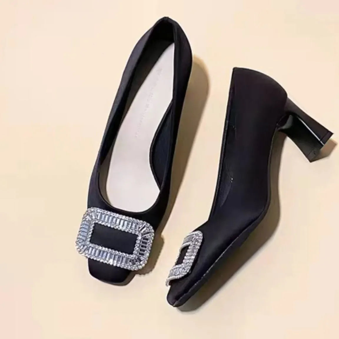 Women's Slip-On Chunky Medium Heel Versatile Boat Shoes Square Buckle Rhinestone Single Shoes