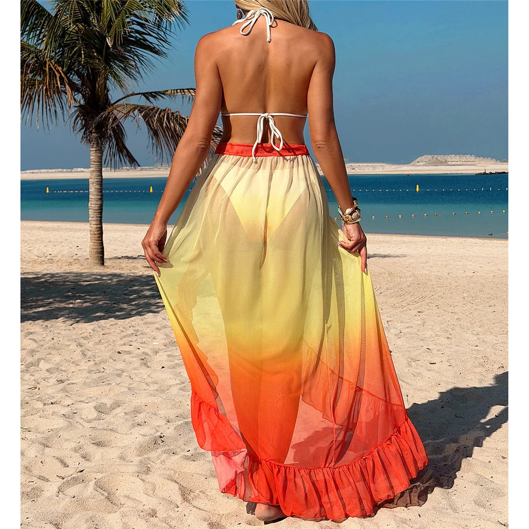Bather Bathing Suit Swim Brazilian With Sarong Halter Gradient Bikini Women Swimwear Female Swimsuit Three-pieces Bikini set