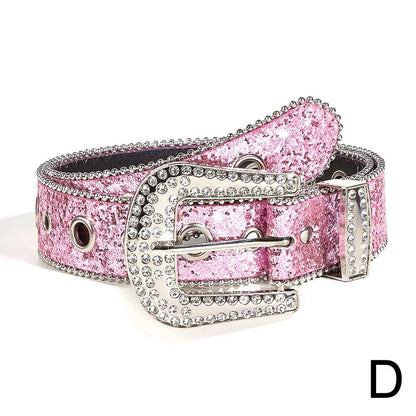 Skull Rivet Rhinestone Bb Belts Trendy Solid Color Sparkling PU Leather Belt Cowboy Cowgirl Jeans Pants Belt For Women Girls Natalia Home Fashion   Pink-CN Natalia Home Fashion