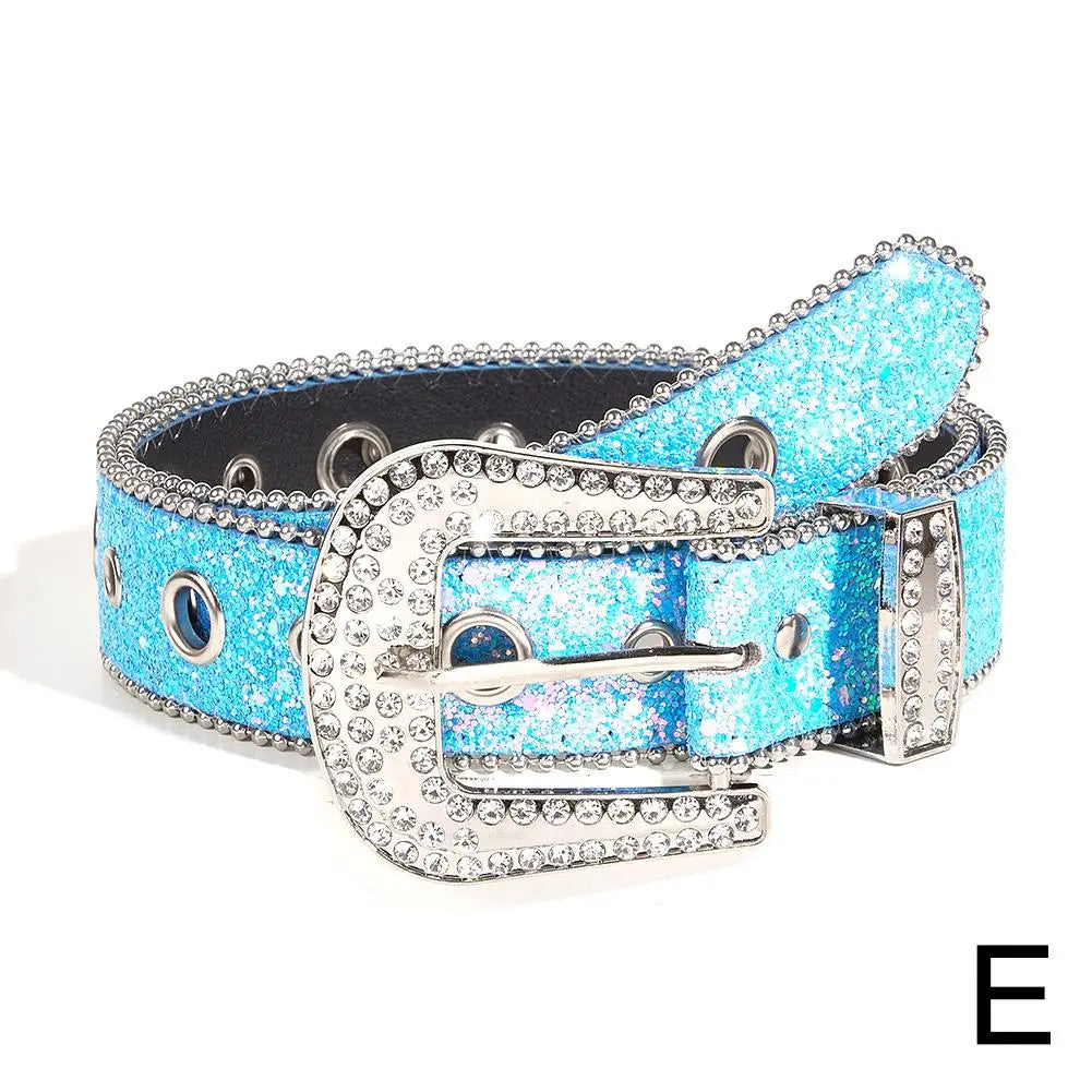 Skull Rivet Rhinestone Bb Belts Trendy Solid Color Sparkling PU Leather Belt Cowboy Cowgirl Jeans Pants Belt For Women Girls Natalia Home Fashion   Blue-CN Natalia Home Fashion