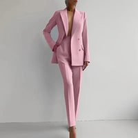 Women Fashion Solid Pant Suits, Office Lady Elegant V-Neck Long Sleeve Blazer Set, Pencil Pants Slim Ladies Outfit