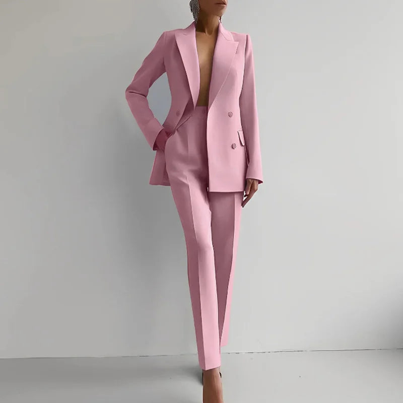 Women Fashion Solid Pant Suits, Office Lady Elegant V-Neck Long Sleeve Blazer Set, Pencil Pants Slim Ladies Outfit