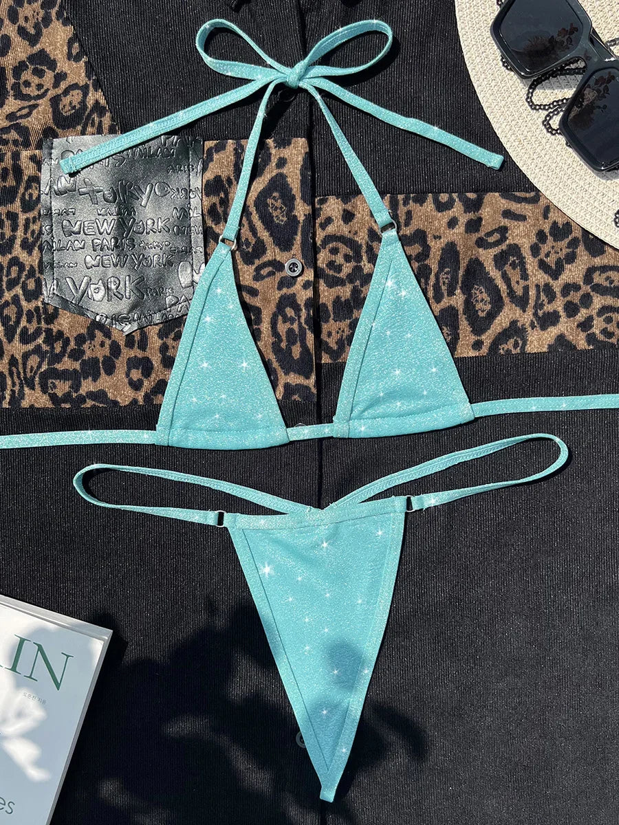 Shiny PU Leather Extreme Mini Micro String Bikini Female Swimsuit Women Swimwear Two-pieces Bikini set Halter Bathing Suit Swim