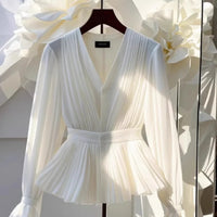 Autumn New Korean Style Temperament V-neck Long sleeved Blouse Women Top Light Mature French Luxury Slim White Shirt for Women Natalia Home Fashion    Natalia Home Fashion