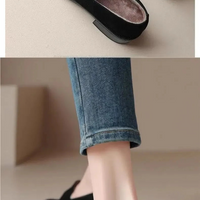 British Style Fleece Lined Chunky Heel Loafers Women's Shoes Retro French Vintage Leather Casual Shoes Rubber Sole Adult Footwear