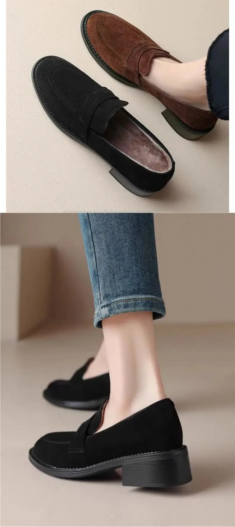 British Style Fleece Lined Chunky Heel Loafers Women's Shoes Retro French Vintage Leather Casual Shoes Rubber Sole Adult Footwear