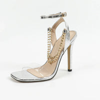 Women's Sexy High Heels Glass Glue Metal Chain Footwear Square Head Thin Heel Sandals Cross-Border Rubber Bottom Shoes