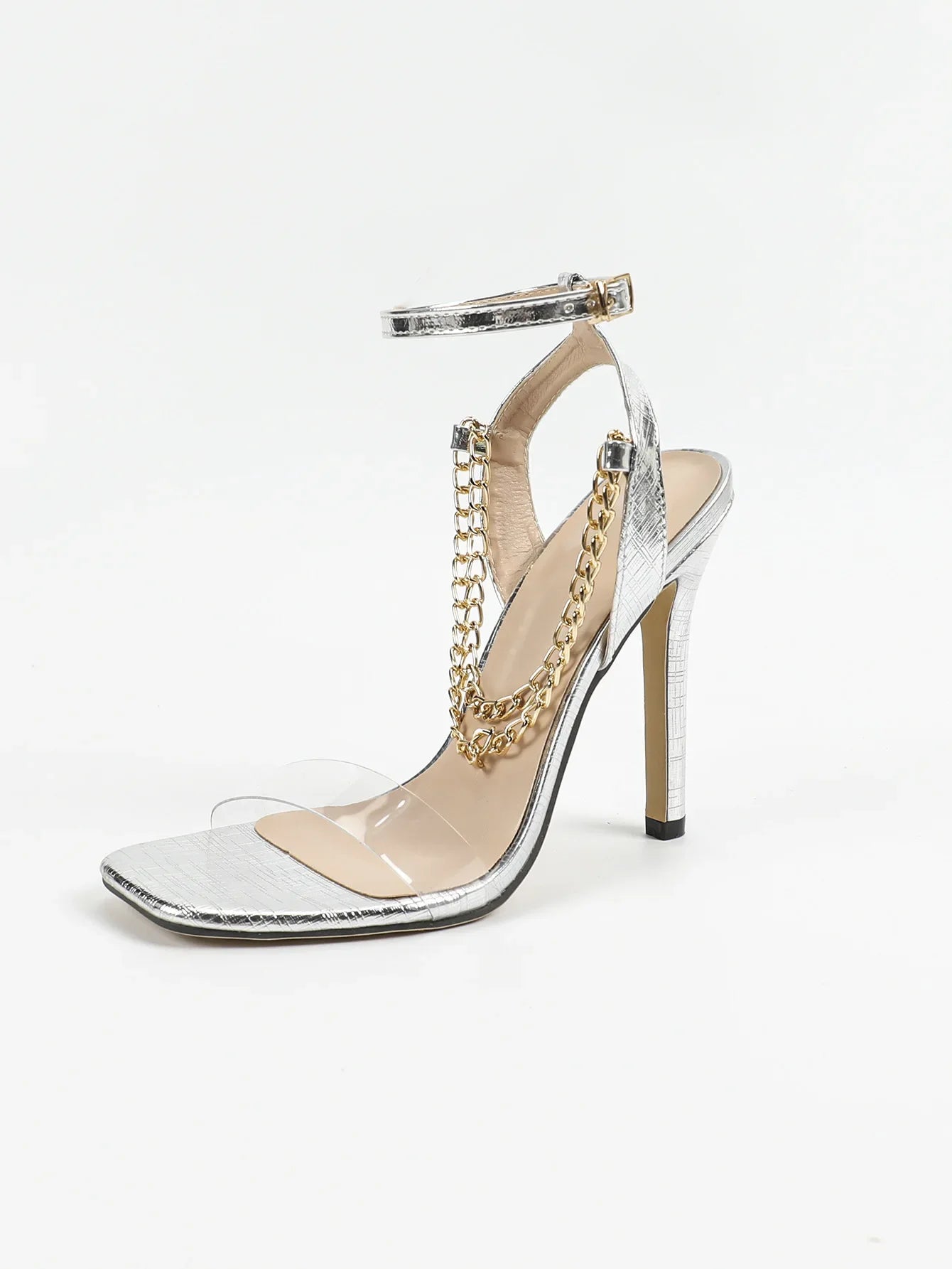Women's Sexy High Heels Glass Glue Metal Chain Footwear Square Head Thin Heel Sandals Cross-Border Rubber Bottom Shoes