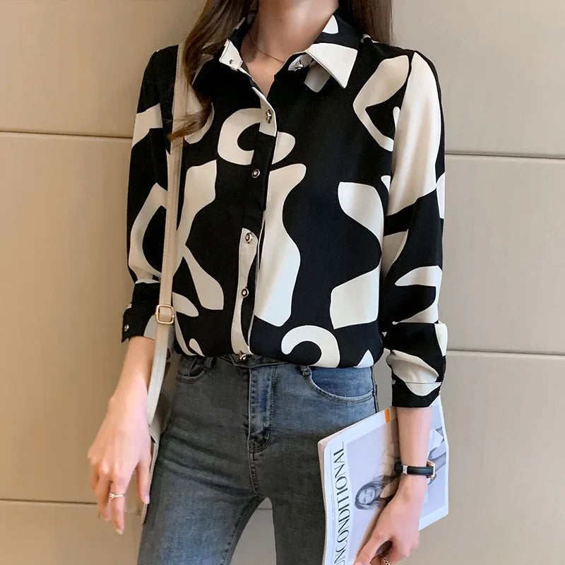 Elegant Long Sleeve Floral Print Chiffon Shirt Women's Versatile High-End Fashion Top Spring City Style Commute Shirt