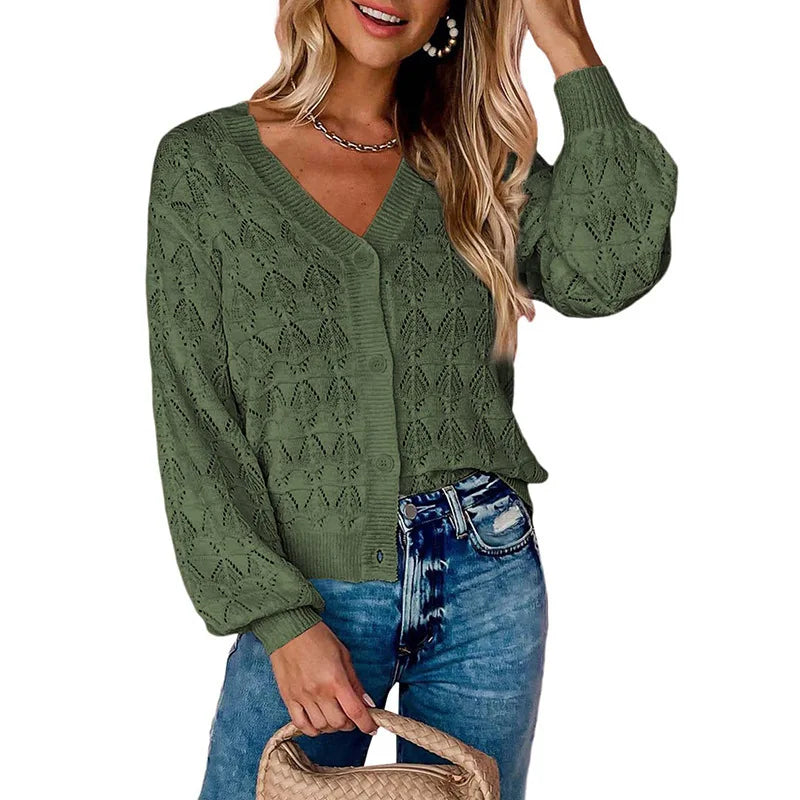 Women's Lightweight Crochet Cropped Cardigan Knitted Hollow Out V Neck Long Sleeve Button up Bolero Shrug Sweater