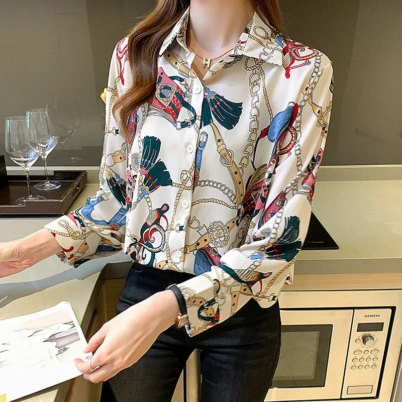 Fashion chain print ladies shirts Spring Women Blouses Long Sleeve Shirts Tops
