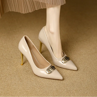 French Style Single Shoes Spring Women Pumps New Pointed Toe Shallow Mouth Metallic Buckle Commuting Shoes Stiletto Single Shoes