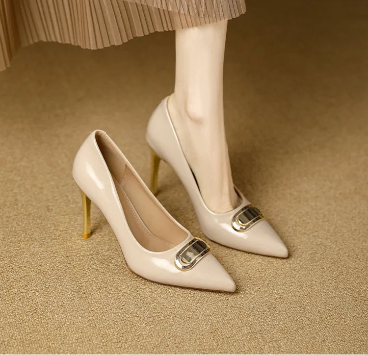 French Style Single Shoes Spring Women Pumps New Pointed Toe Shallow Mouth Metallic Buckle Commuting Shoes Stiletto Single Shoes