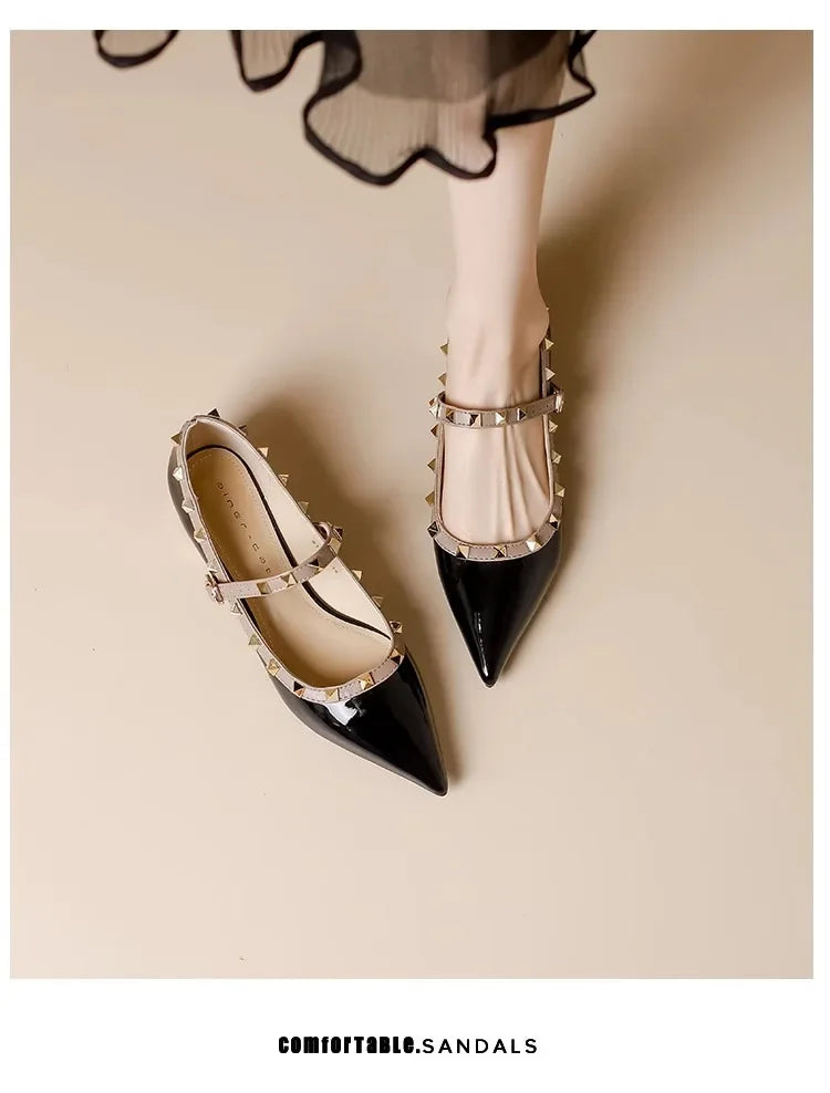 Elegant French Style Cropped Studded Flat Bottom Sandals Women's Summer Tweed Pattern Medial Vacancy Pointe Roman Design