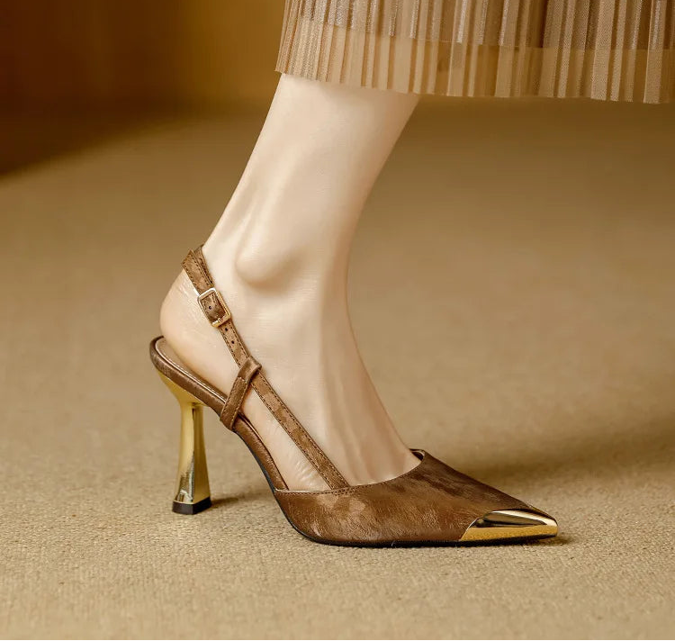 Women's Pumps Sexy Stiletto Sandals Fashion Metallic Pointed Toe Rear Hollow Out High Heels Single Shoes Lady Sandals