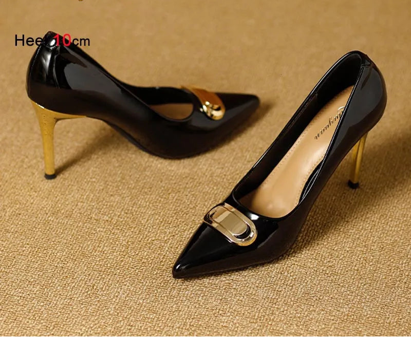 French Style Single Shoes Spring Women Pumps New Pointed Toe Shallow Mouth Metallic Buckle Commuting Shoes Stiletto Single Shoes