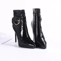 Women Ankle Boots Runway Style Sexy Belt Buckle Side Zip High Heels Patent Leather Party Dress Ladies Shoes