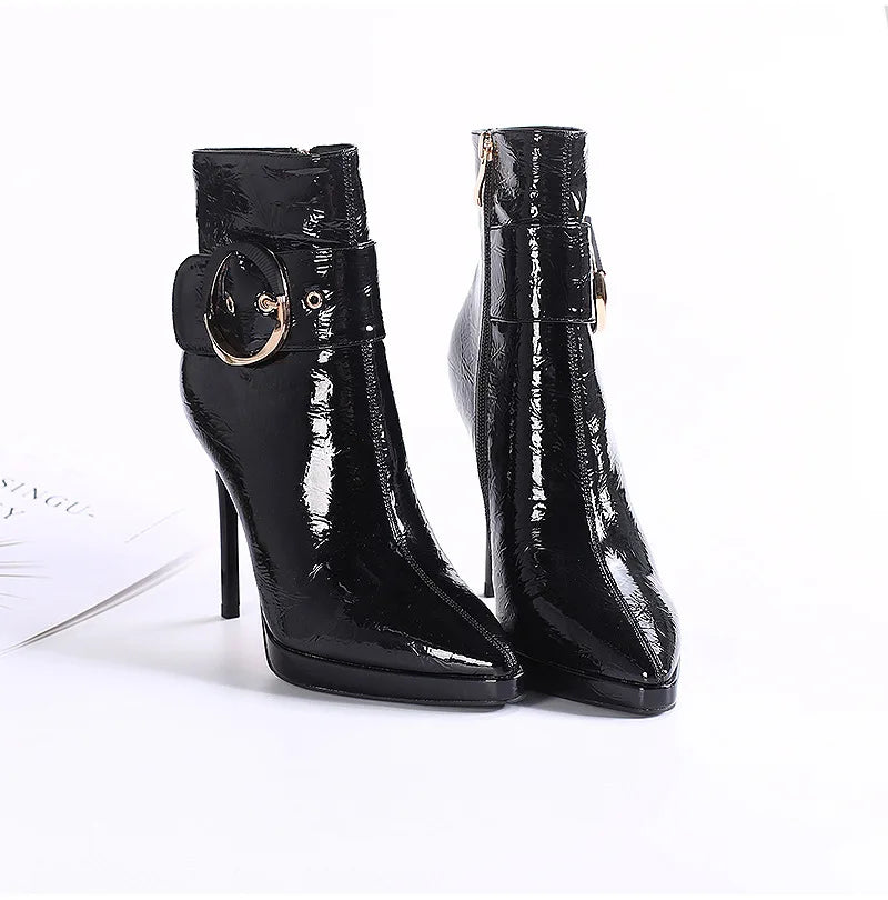 Women Ankle Boots Runway Style Sexy Belt Buckle Side Zip High Heels Patent Leather Party Dress Ladies Shoes