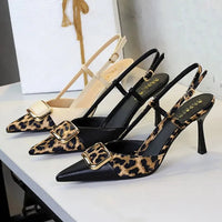 Satin Leopard Pointed Toe Women's Banquet Dress Shoes Elegant Thin High Heeled Pumps Ankle Strap Sexy