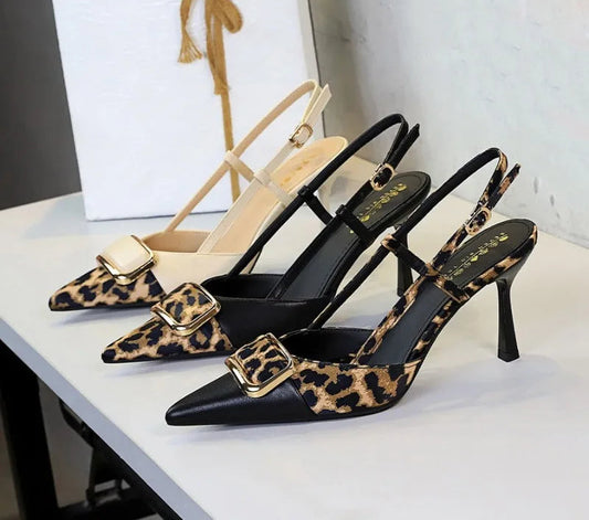 Satin Leopard Pointed Toe Women's Banquet Dress Shoes Elegant Thin High Heeled Pumps Ankle Strap Sexy